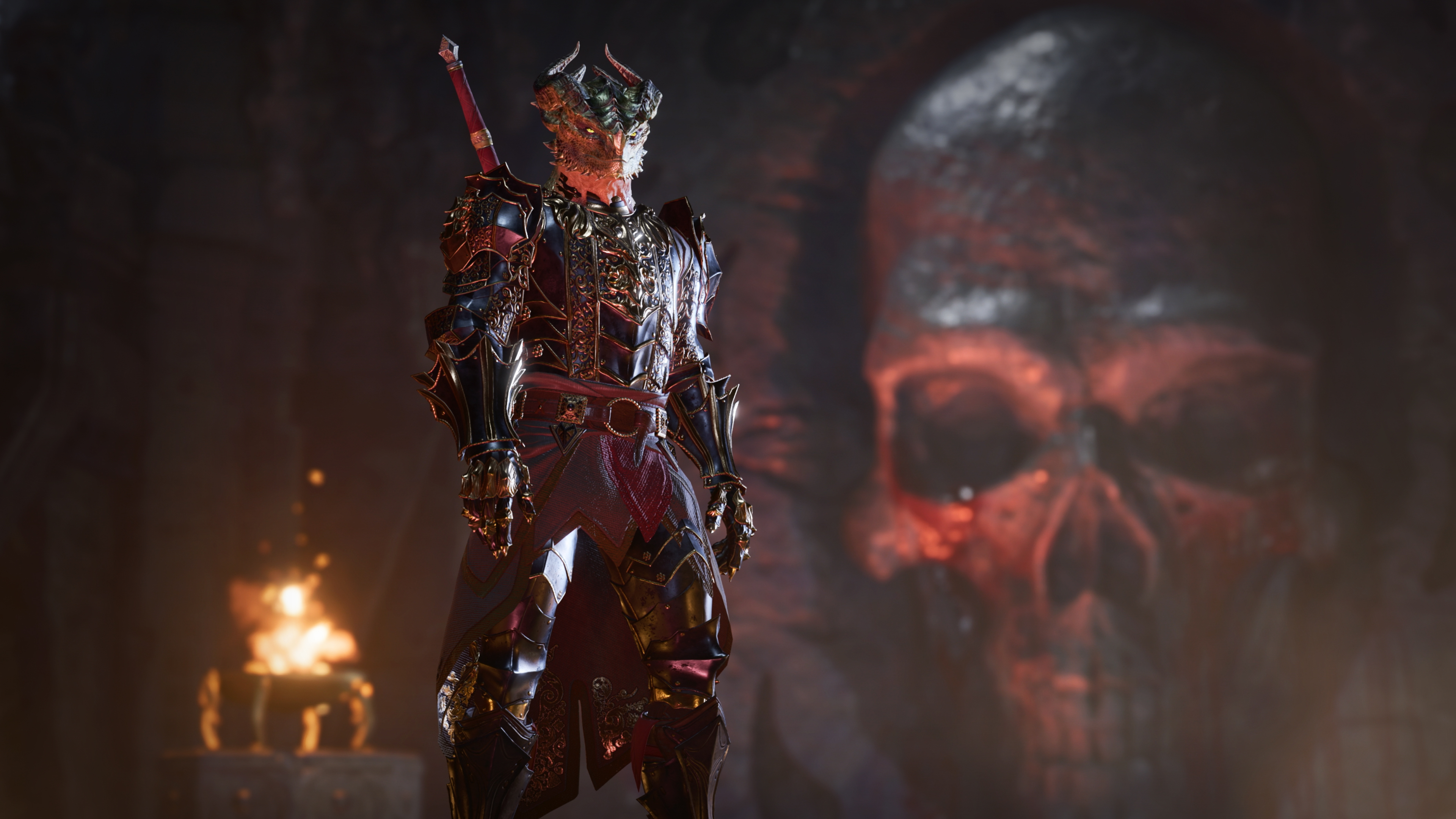 Baldur's Gate 3 — A Dragonborn character standing in a flashlight-lit room with a giant skull in the background. The Dragonborn wears elaborate Gothic plate armor with a dark finish and carries a two-handed sword in his back.