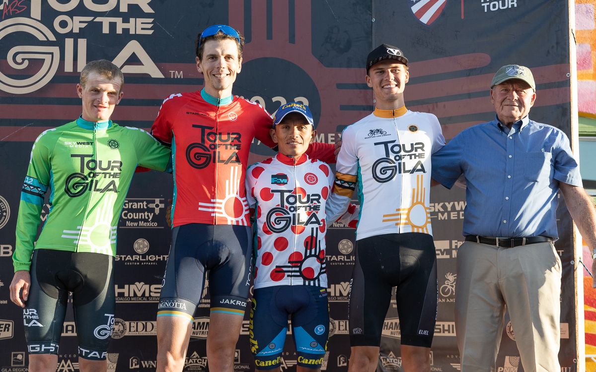 Men's Classification jersey after Stage 3: Tyler Stites (Project Echelon Racing) in Green, Heiner Parra Bustamante (Canel's Zerouno) in Polka dots, Matteo Dal-Cin in Red, and Xander White (CS Velo) moves into the White Best young Rider jersey