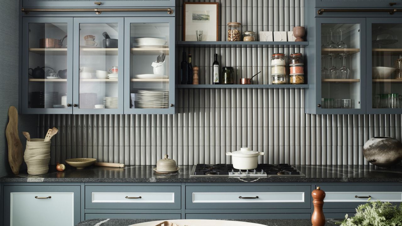 kitchen with glass fronted cabinets