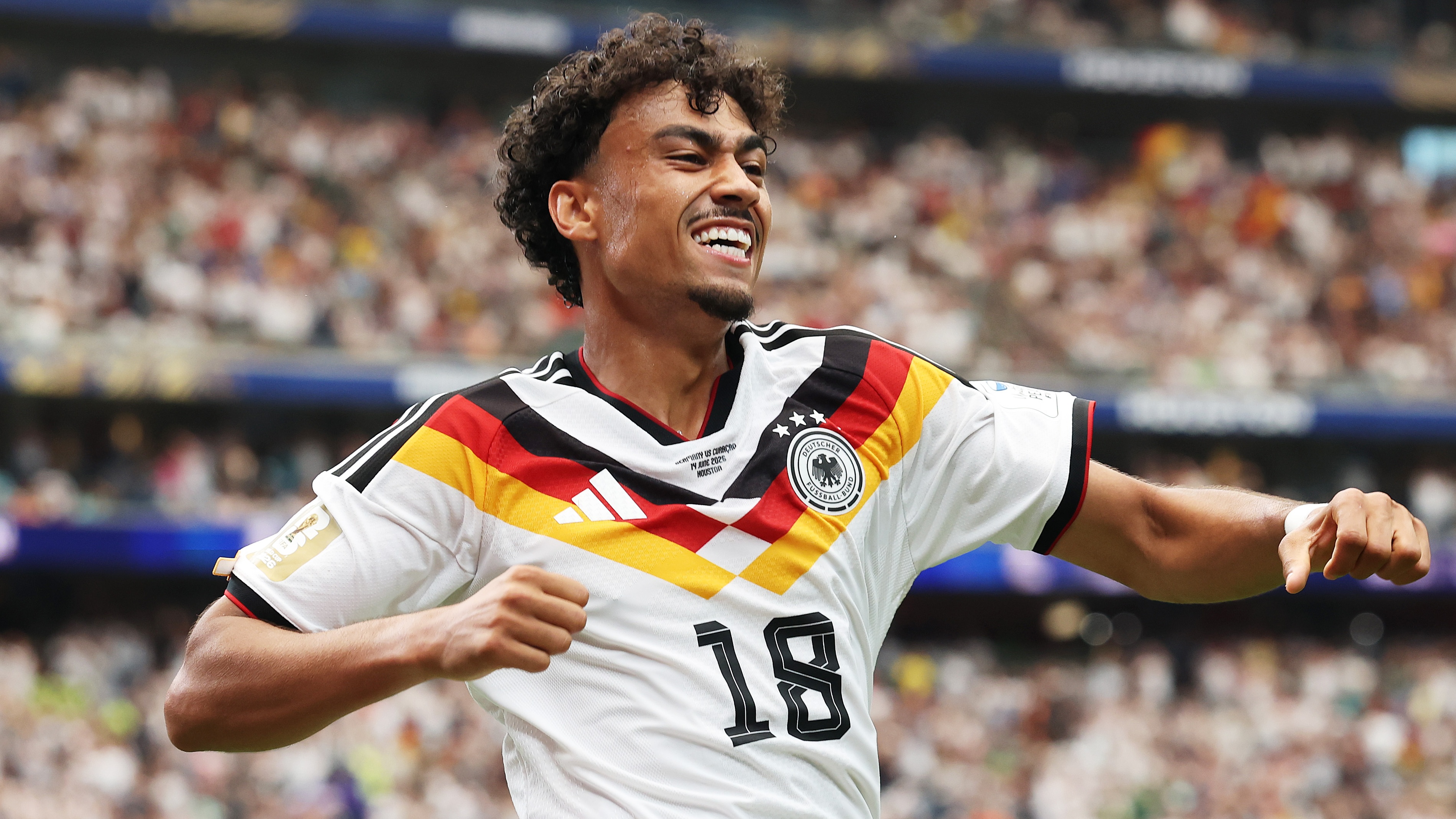 Nathaniel Brown #18 of Germany celebrates scoring his team's fifth goal during the FIFA World Cup 2026 Group E match between Germany and Curacao at Houston Stadium on June 14, 2026 in Houston, Texas