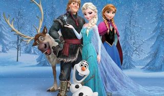 Frozen Sven Kristoff Elsa Olaf and Anna pose for a cast photo in the snow