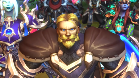 A group of adventurers, including a stern human warrior, gather their forces to defend Azeroth in World of Warcraft: Midnight.