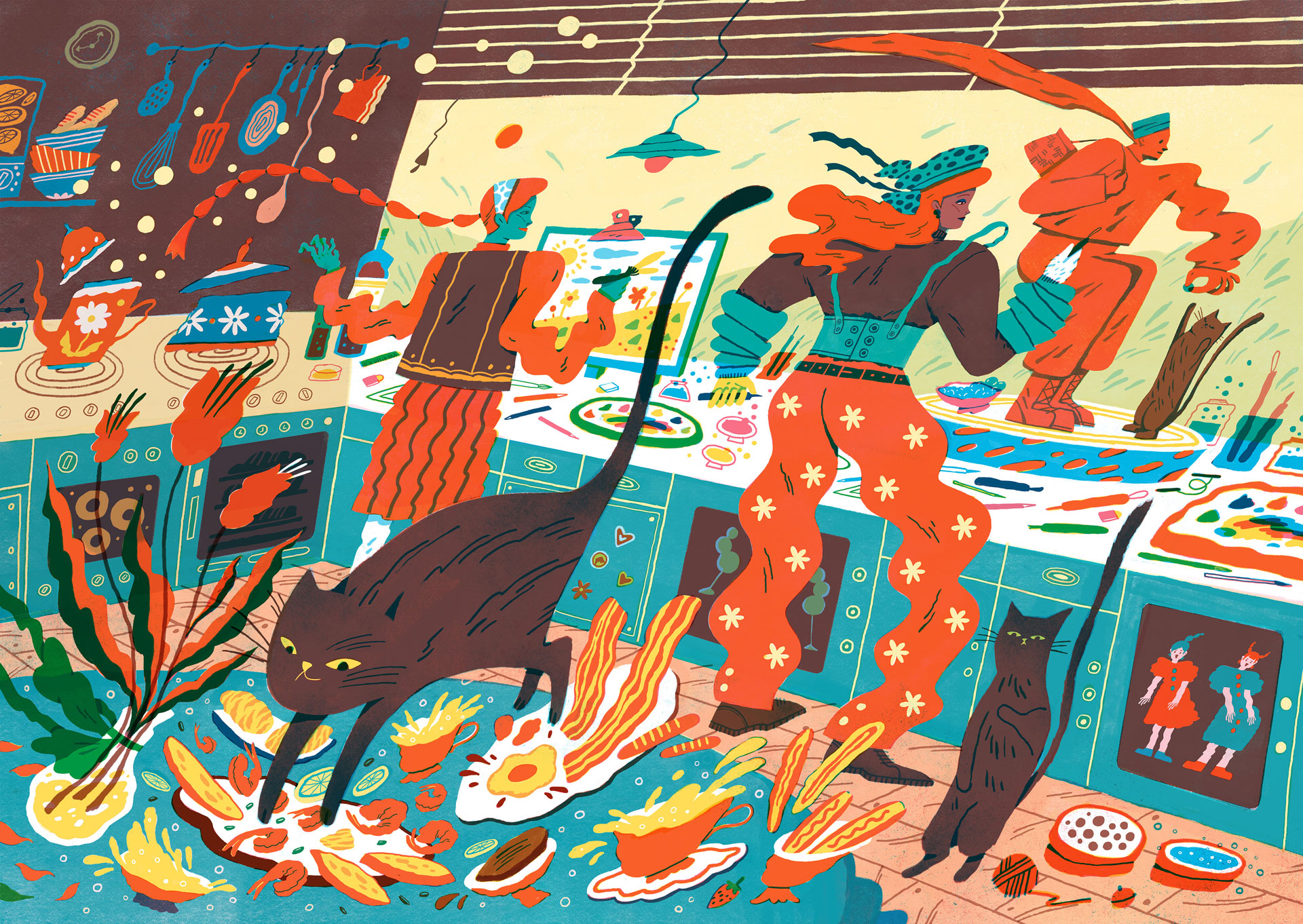 illustrations by Peilin Li showing woman in a kitchen with a cat