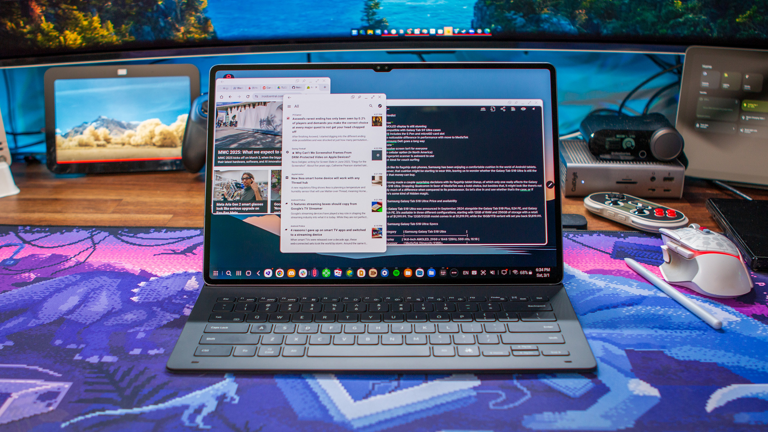 Galaxy Tab S10 Ultra using Samsung DeX with multiple windows open