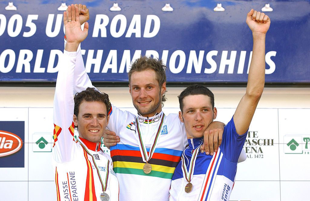 The 2005 podium of Valverde, Boonen, and Geslin (L-R)