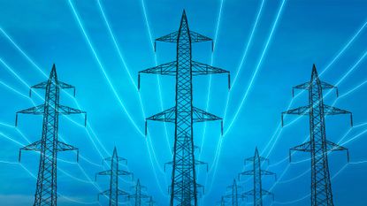 Energy concept image showing electricity pylons with glowing energy flows passing through against a light blue backdrop.