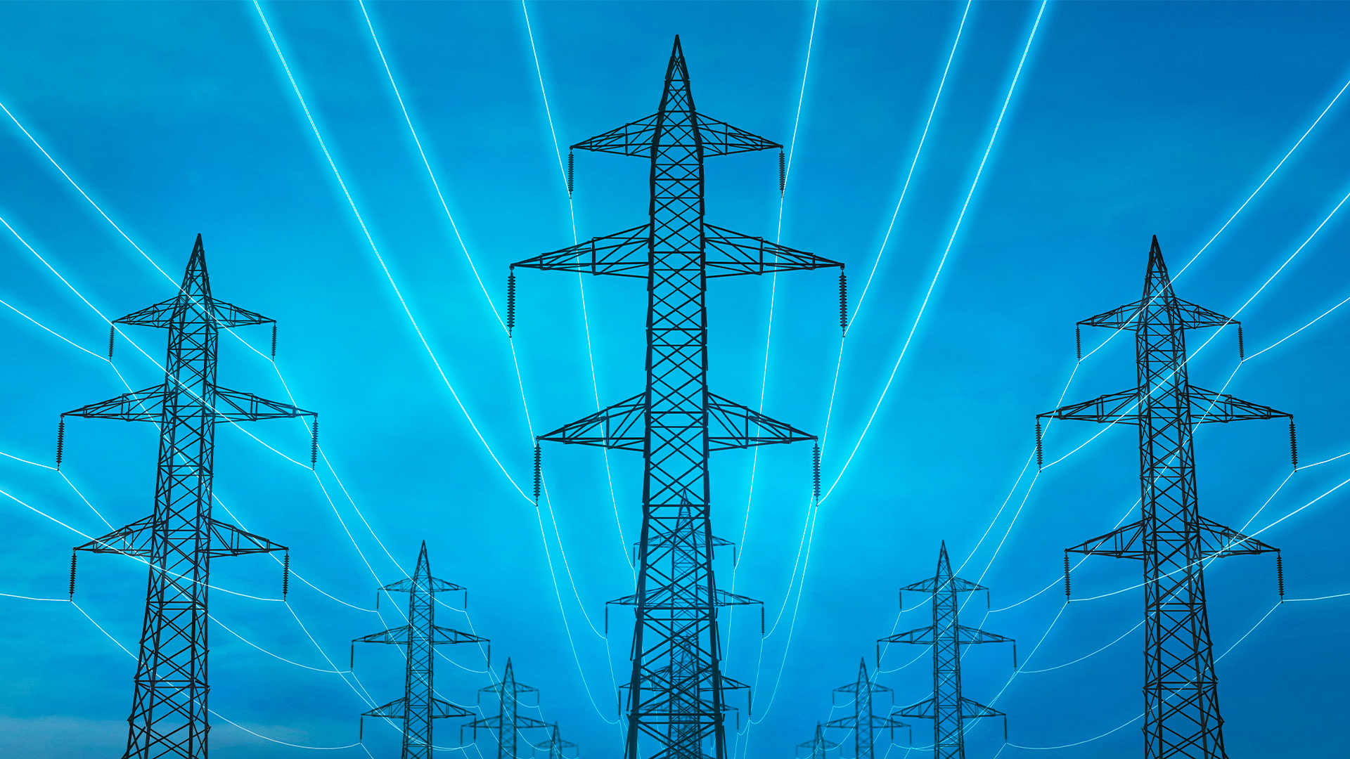 Energy concept image showing electricity pylons with glowing energy flows passing through against a light blue backdrop.