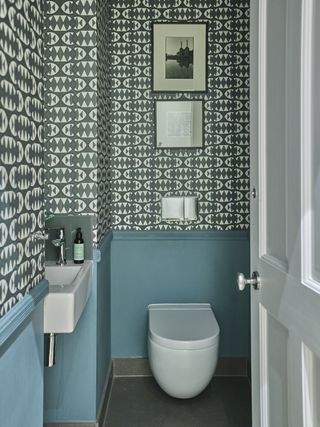 wallpapered and panelled cloakroom