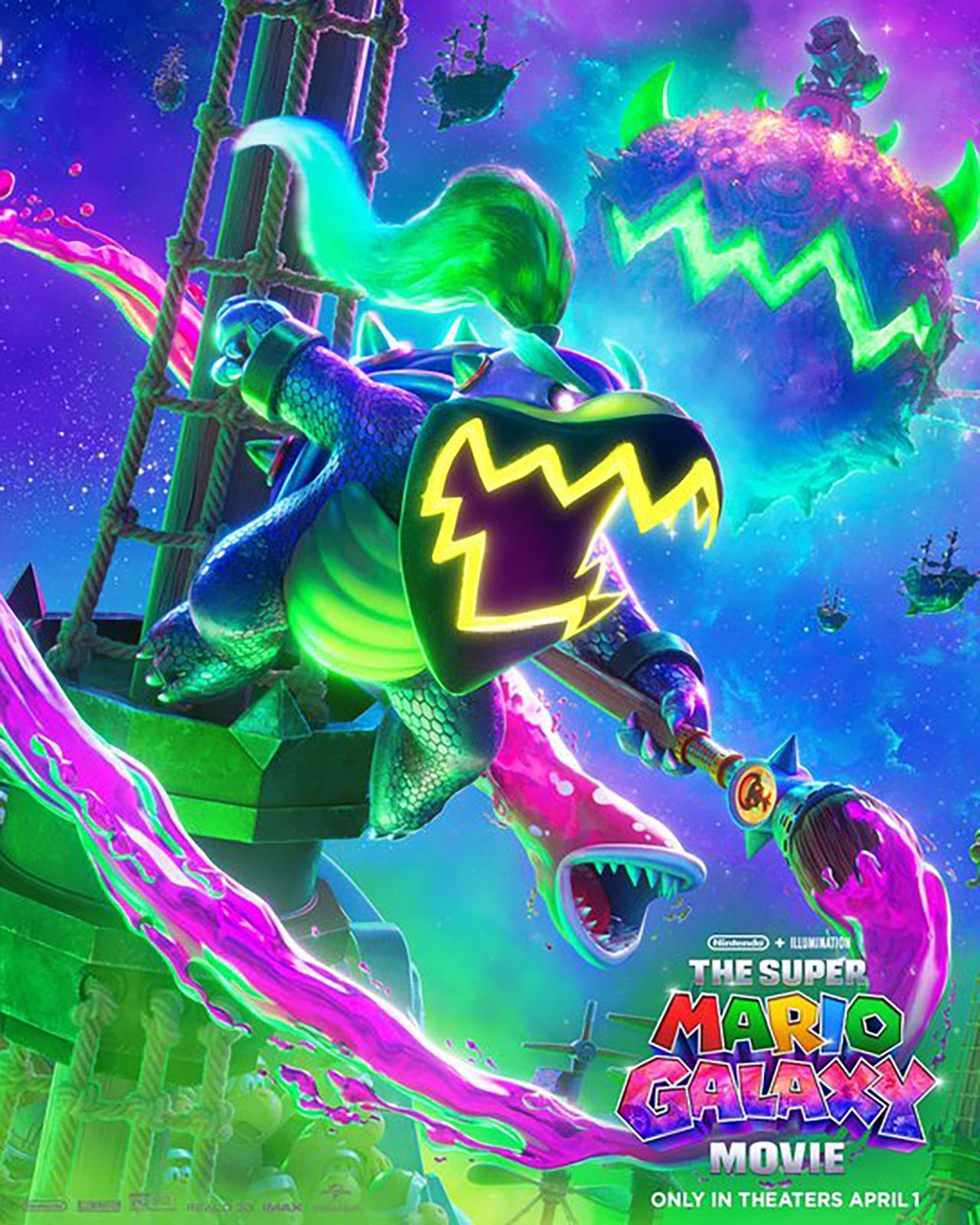 Bowser Jr. surfing on a wave of purple paint