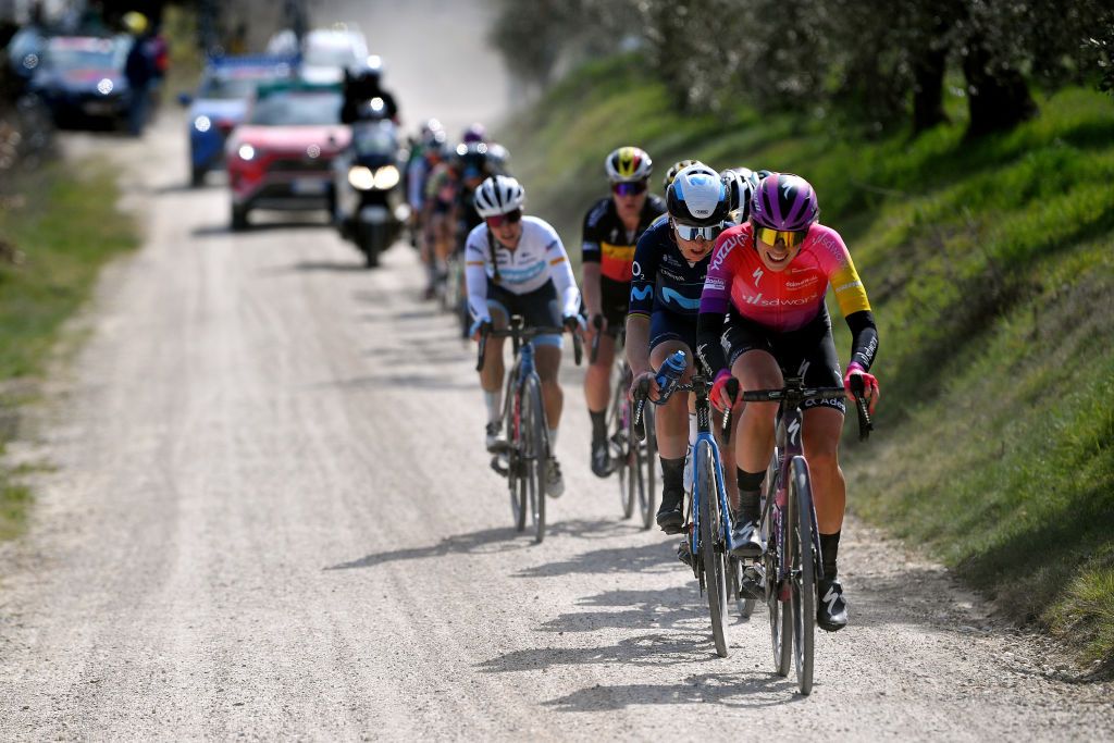 SIENA ITALY MARCH 05 Demi Vollering of Netherlands and Team SD Worx competes through gravel roads during the Eroica 8th Strade Bianche 2022 Womens Elite a 136km one day race from Siena to Siena Piazza del Campo 321m StradeBianche on March 05 2022 in Siena Italy Photo by Luc ClaessenGetty Images