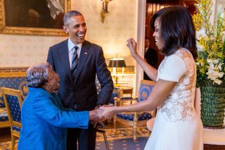 The President and First Lady greet 106-Year-Old Virginia McLaurin at The White House, February 2016.