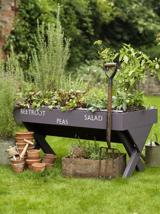 Raised veg planter with terracotta pots and a garden fork