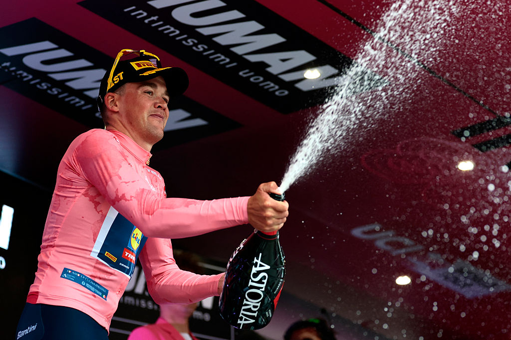 Mads Pedersen wears the overall leader pink jersey after stage 1 at the Giro d'Italia 2025
