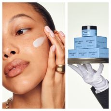 a model applying Sofie Pavitt Omega Rich Moisturizer and a hand holding up a tray with blue boxes, in a grid pattern