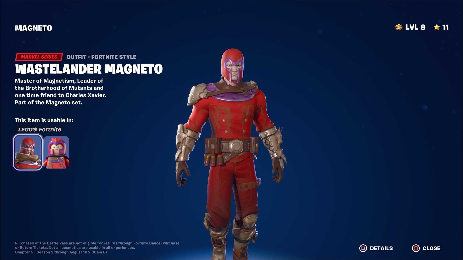 Скин Fortnite Magneto, выбранный в меню боевого пропуска