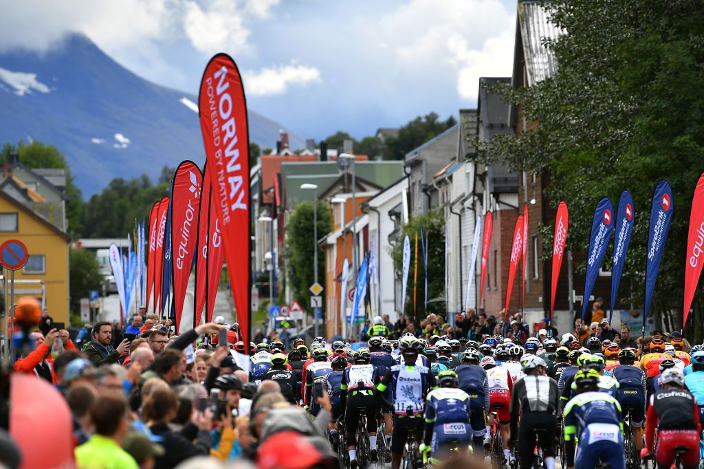 TROMSO NORWAY AUGUST 05 A general view of the peloton in Troms City prior to the 8th Arctic Race Of Norway 2021 Stage 1 a 1425km stage from Troms to Troms ArcticRace on August 05 2021 in Tromso Norway Photo by Stuart FranklinGetty Images