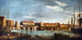 Old London Bridge from Southwark after Samuel Scott (1702-1772), oil on canvas, mid 1700s. The painting shows Old London Bridge shortly before the demolition of its buildings in 1760.