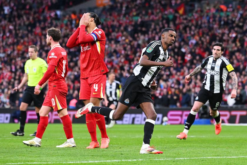 Alexander Isak of Newcastle United celebrates scoring his team&#039;s second goal as Virgil van Dijk of Liverpool looks dejected during the Carabao Cup Final between Liverpool and Newcastle United at Wembley Stadium on March 16, 2025 in London, England.