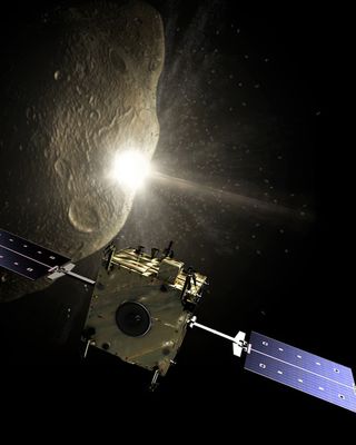 The key moment of the Don Quijote mission: the Impactor spacecraft (Hidalgo) smashes into the asteroid while observed, from a safe distance, by the Orbiter spacecraft (Sancho).