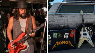 Jason Momoa and his James Hetfield OGV replica: Mamoa plays a red-orange Fender bass guitar and wears his trademark hat. His heavy relic'd Metallica replica guitar rests beside its case and against an old station wagon.