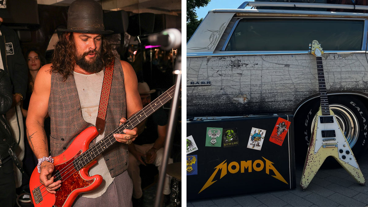 Jason Momoa and his James Hetfield OGV replica: Mamoa plays a red-orange Fender bass guitar and wears his trademark hat. His heavy relic&#039;d Metallica replica guitar rests beside its case and against an old station wagon.