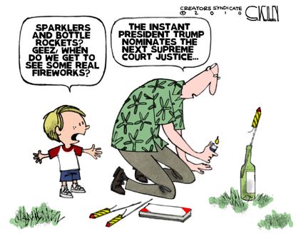 Political Cartoon U.S. Anthony Kennedy retirement Trump SCOTUS nominee fireworks