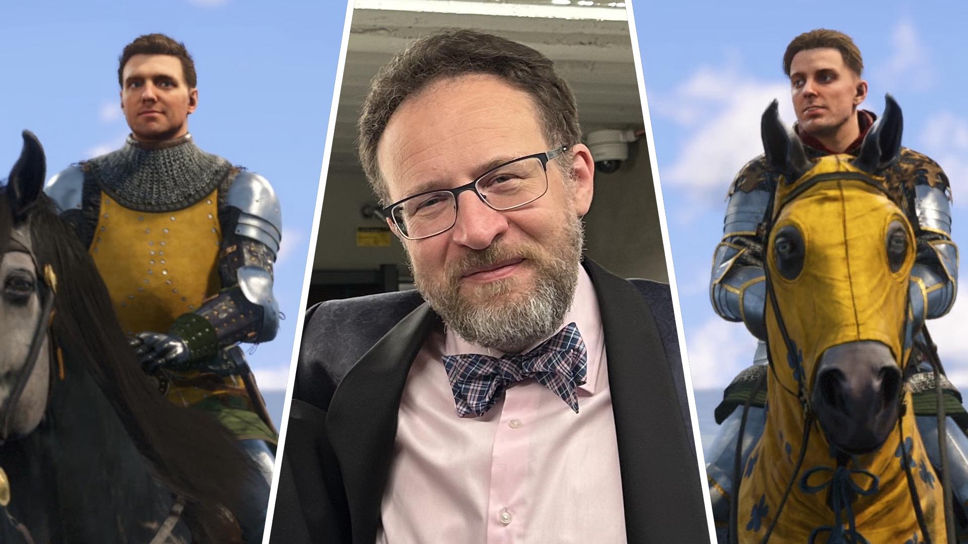 Henry of Skalitz and Hans Capon flank a shot of Martin Klima in a three-way split image.