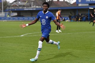 Tudor Mendel Idowu of Chelsea celebrates scoring the second goal during the Chelsea U18 v Bradford City U18 FA Youth Cup match at Kingsmeadow on January 7, 2023 in Kingston upon Thames, England.