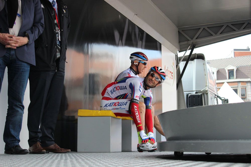 The Katusha riders wait to be introduced to the crowd