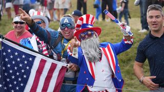 The crowd cheers on the U. S. Team during the Sunday Singles Matches at the 2020 Ryder Cup at Whistling Straits on September 26, 2021 in Kohler, Wisconsin.