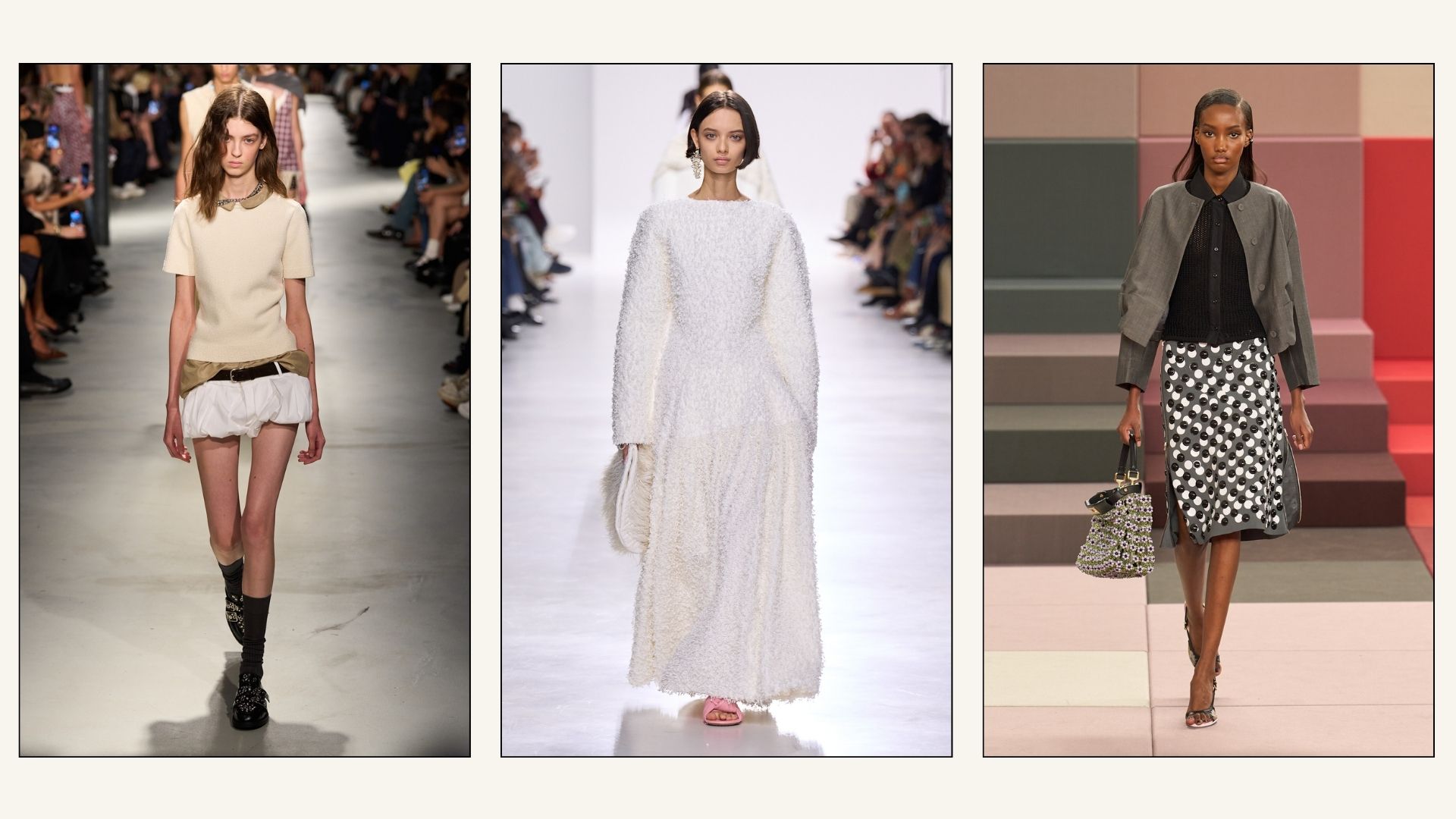 Models wears bloomers, texture and knee-length skirts on the Milan SS 26 runways.