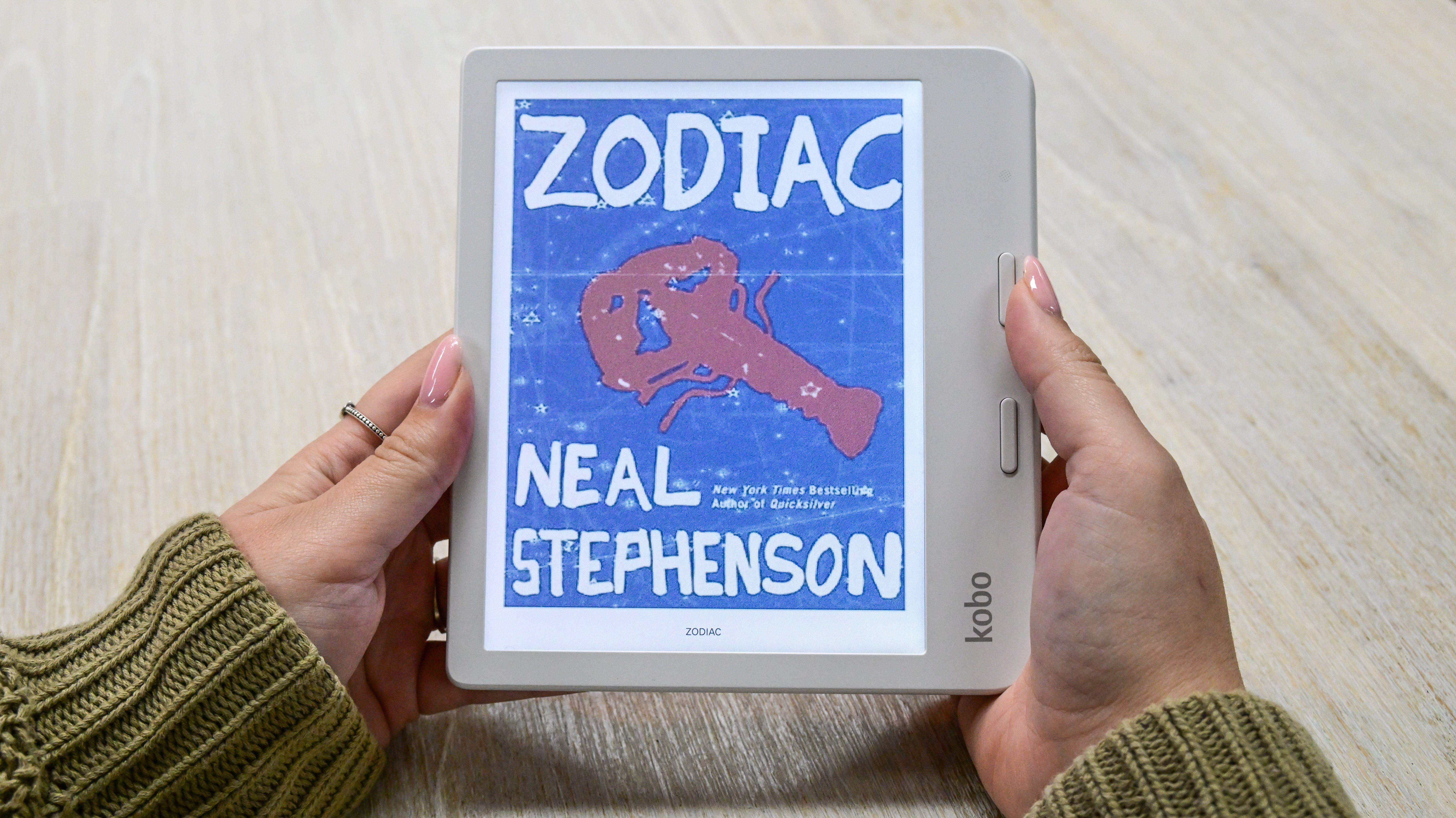 Neal Sephenson's Zodiac book cover displayed in color on the Kobo Libra Colour ereader