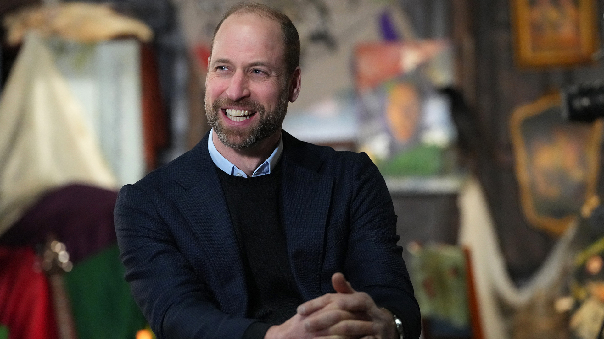 LONDON, ENGLAND - FEBRUARY 12: Prince William, Prince of Wales, President of BAFTA, smiles as he visits the London Screen Academy on February 12, 2025 in London, England. (Photo by Kirsty Wigglesworth - WPA Pool/Getty Images)