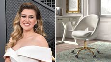 a splitscreen image with kelly clarkson on the left and the desk chair she designed for wayfair on the right