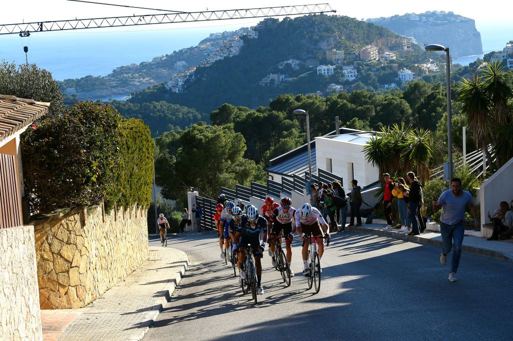 ANDRATX SPAIN JANUARY 29 A general view of Ivan Ramiro Sosa Cuervo of Colombia and Movistar Team Alejandro Valverde Belmonte of Spain and Movistar Team Felix Gall of Austria and Ag2R Citroen Team Brandon Mcnulty of United States and UAE Team Emirates Tim Wellens of Belgium and Team Lotto Soudal Michael Matthews of Australia and Team BikeExchange Jayco Aleksander Vlasov of Russia and Team Bora Hansgrohe compete in the breakaway during the 31st Challenge Ciclista Mallorca 2022 Trofeo Pollena Port d Andratx a 170 km race from Pollena to Andratx 214m ChallengeMallorca on January 29 2022 in Andratx Spain Photo by Dario BelingheriGetty Images