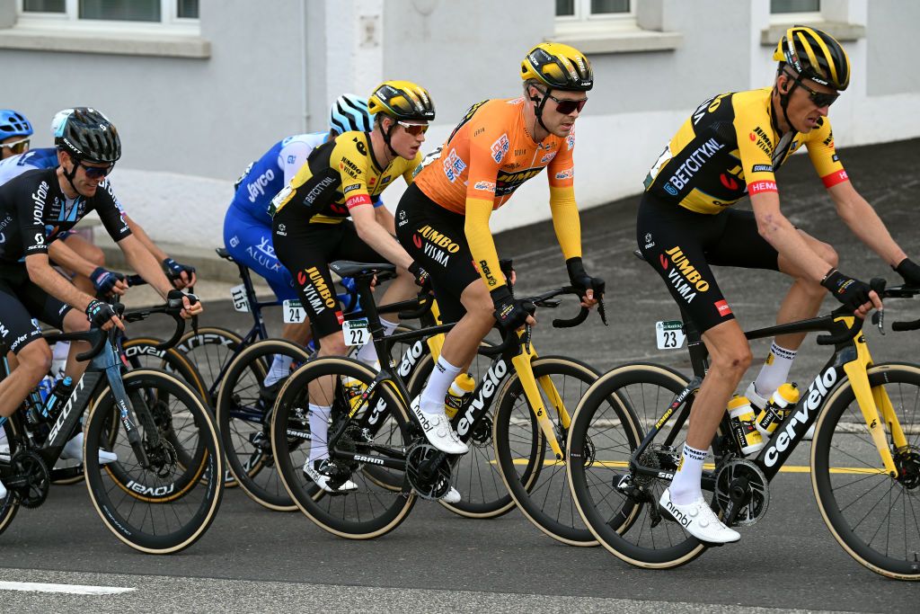 LA CHAUXDEFONDS SWITZERLAND APRIL 27 LR Thomas Gloag of United Kingdom Tobias Foss of Norway and Team JumboVisma Orange points jersey and Robert Gesink of The Netherlands and Team JumboVisma compete during the 76th Tour De Romandie 2023 Stage 2 a 1627km stage from Morteau to La ChauxdeFonds UCIWT on April 27 2023 in La ChauxdeFonds Switzerland Photo by Dario BelingheriGetty Images