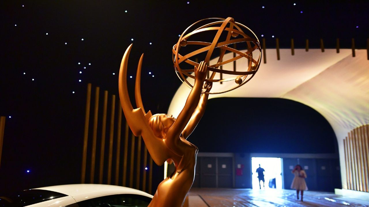 A statue of the Emmys 2021 Award seen upon entry on display at the 2017 Emmy Awards Governors Ball press preview on September 7, 2017, in Los Angeles, California, ahead of the 69th annual Emmy Awards.