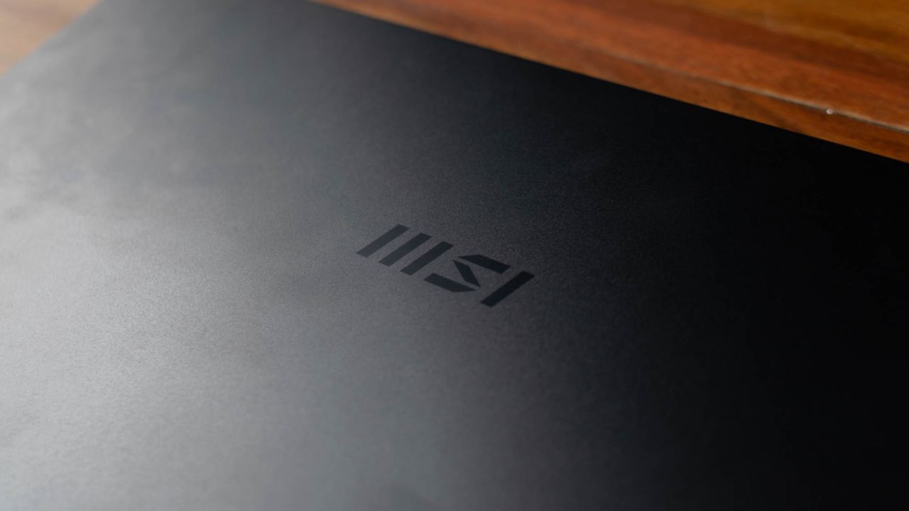 A closeup of the MSI Prestige 14 Evo's logo