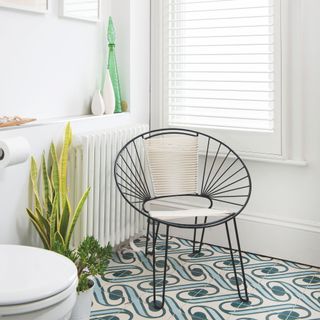 Potted snake plant next to white toilet and metal chair in bathroom