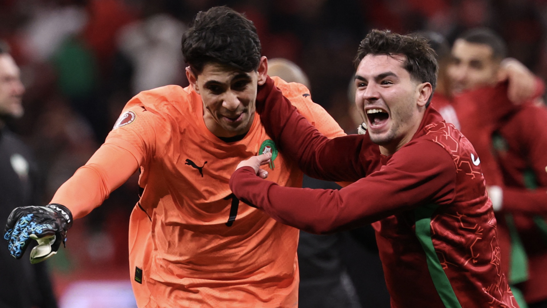 Morocco's Yassine Bounou and Brahim Diaz celebrate reaching the 2025/26 AFCON final