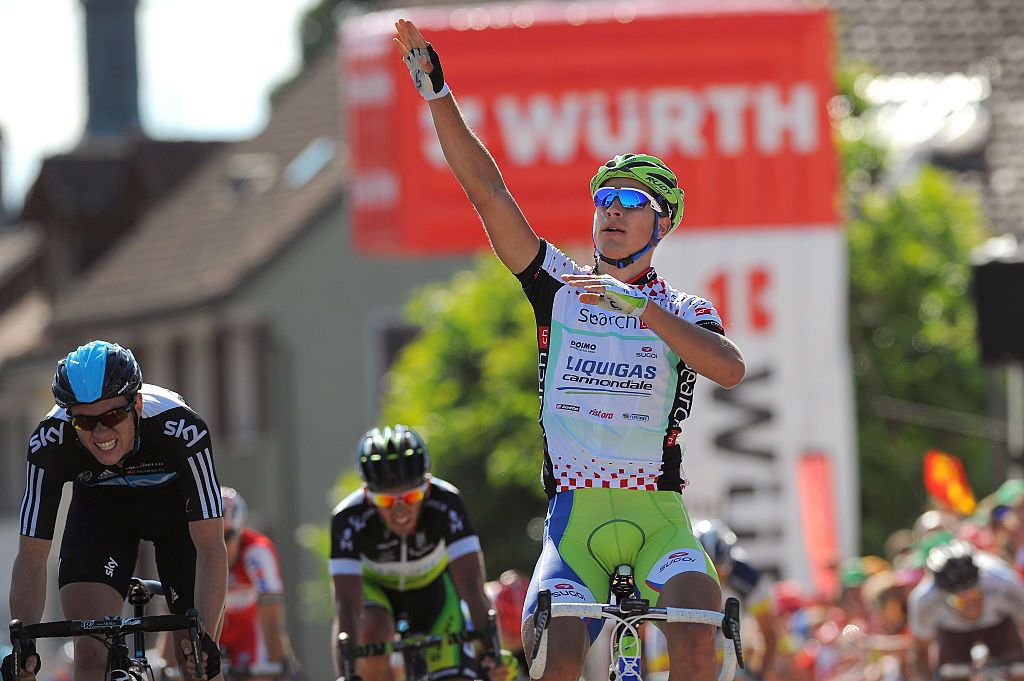 Cycling : 76th Tour of Swiss / Stage 6
Arrival / Peter SAGAN (Svk) Celebration Joie Vreugde / Ben SWIFT (Gbr)/ Allan DAVIS (Aus)/
Wittnau - Bischofszell (198,5Km)/
Tour de Suisse / Ronde van Zwitserland / Rit Etape /(c)Tim De Waele