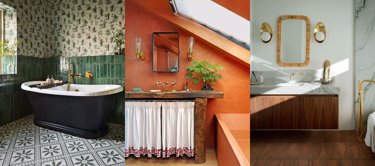 How can I make my bathroom more cozy and inviting? Green bathroom with bathtub. Orange bathroom with sink and bathtub. Modern, dark wood bathroom with sink and shower.