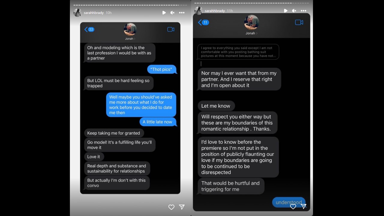 Sarah Brady postet zwei Screenshots aus einem Text mit Jonah Hill auf Instagram.