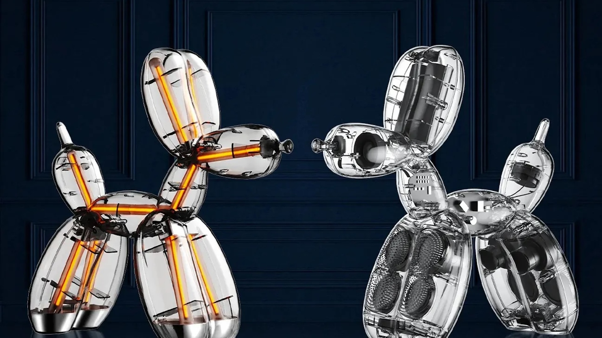 On the left is the Koons x Lexon lamp and on the right is the speaker 