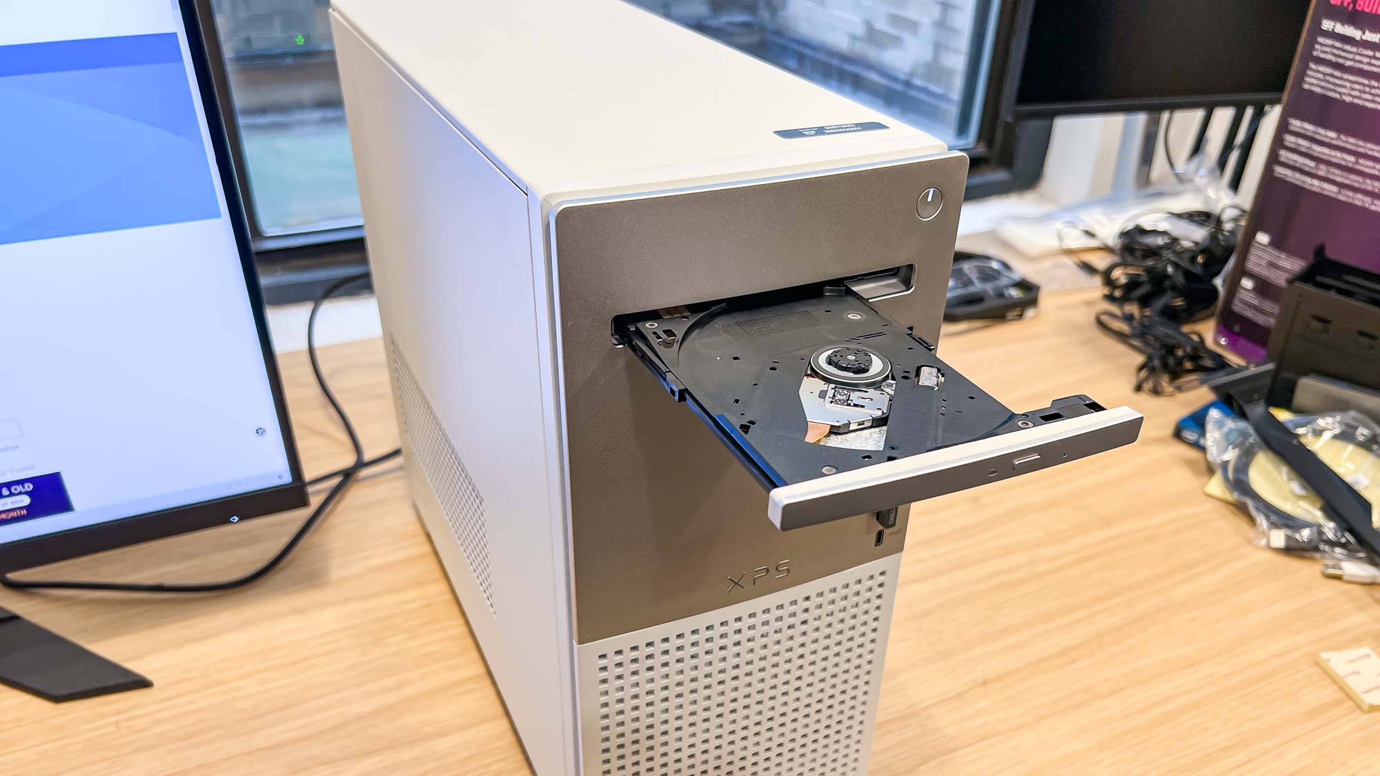 Dell XPS 8950 Desktop Computer on Desk with Open Optical Drive