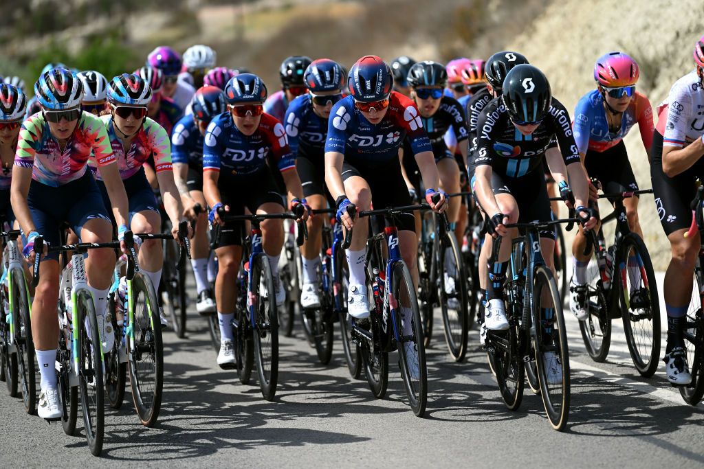 PILAR DE LA HORADADA SPAIN MAY 02 LR Pauliena Rooijakkers of The Netherlands and Team CanyonSRAM Racing Elise Chabbey of Switzerland and Team CanyonSRAM Racing Marie Le Net of France and Team FDJSuez compete during the 9th La Vuelta Femenina 2023 Stage 2 a 1058km stage from Orihuela to Pilar de la Horadada UCIWWT on May 02 2023 in Pilar de la Horadada Spain Photo by Dario BelingheriGetty Images