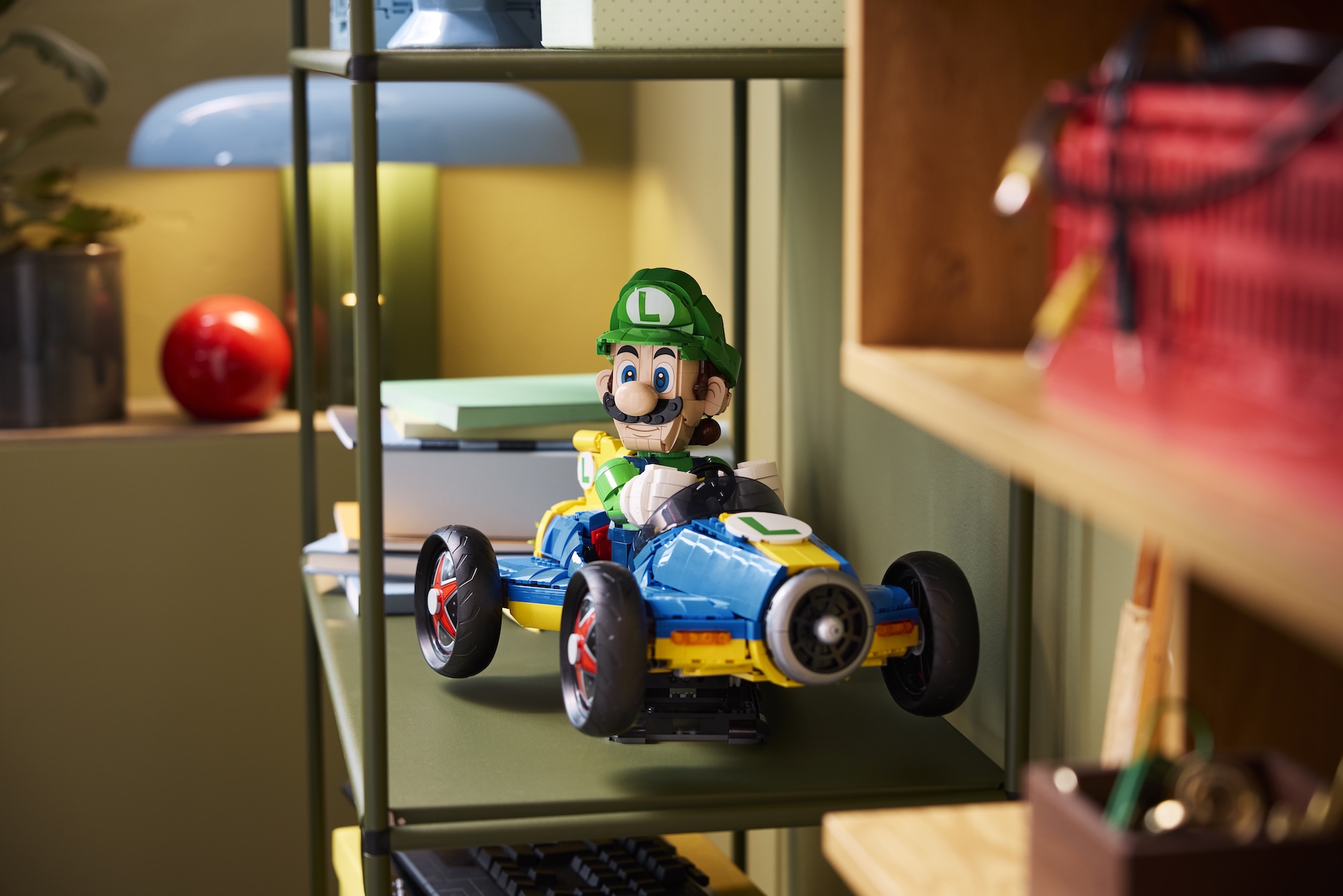 Different angles of the LEGO Luigi Mario Kart set 