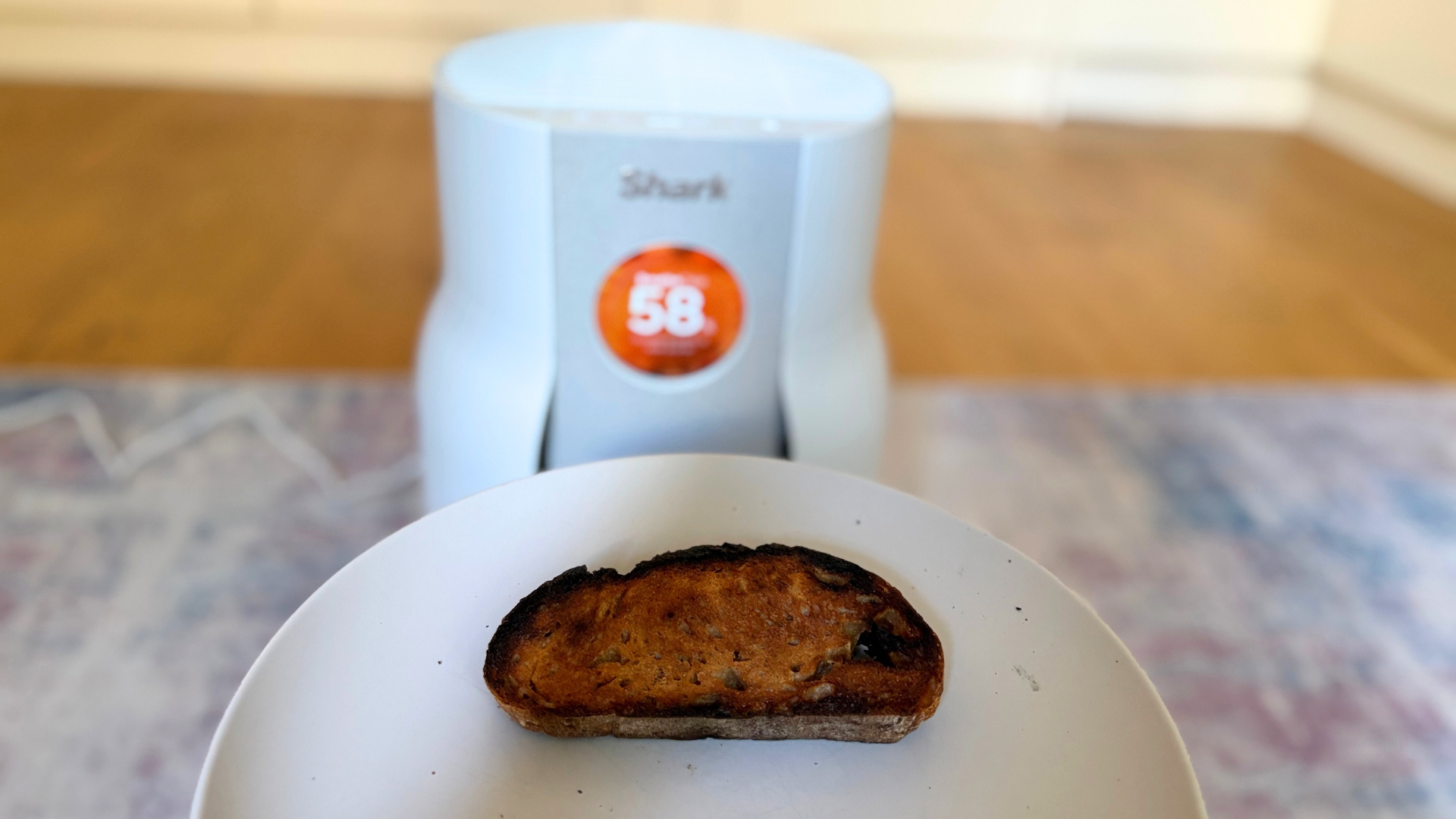 Testing the Shark BreatheClear with NeverChange6 Air Purifier by showing burnt toast on a plate in front of it