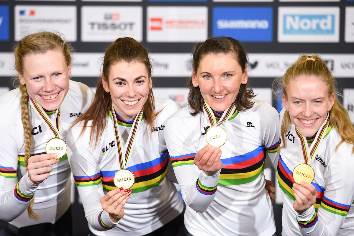 Picture by Simon Wilkinson/SWpix.com - 21/10/2021 - Cycling - Tissot 2021 UCI Track Cycling World Championships - Women&acirc;s Team Pursuit - Stab Velodrome, Roubaix, France - Franziska Brausse, Lisa Brennauer, Mieke Kroger and Laura Sussemilch of Germany (Gold) on the Women&acirc;s Team Pursuit podium