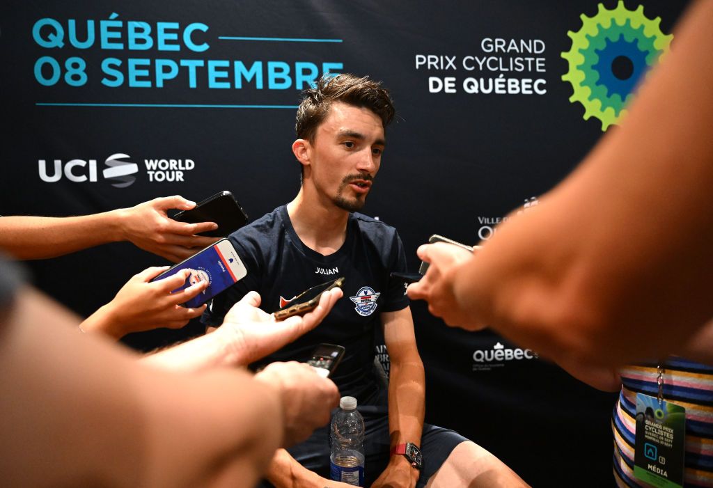 Julian Alaphilippe speaks to the press in Quebec